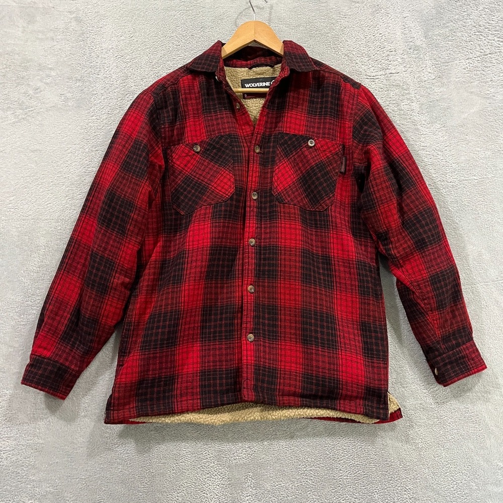 Wolverine Men Small Sherpa‎ Lined Plaid Button Up Shirt Jacket Shacket Red Black